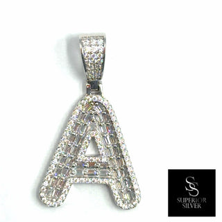 Superior Silver block letter A pendant in 925 sterling silver with pave-set baguette and round cubic zirconia stones.
