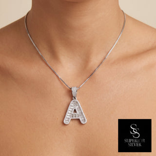Superior Silver block letter A pendant in 925 sterling silver with pave-set cubic zirconia stones on a silver chain.