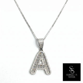 Superior Silver block letter A pendant in 925 sterling silver featuring pave-set cubic zirconia stones on a chain