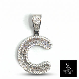 Superior Silver letter C pendant in 925 sterling silver featuring pave-set cubic zirconia stones in a block design.
