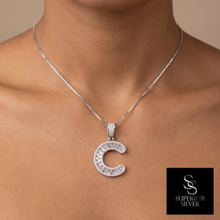 Superior Silver sterling silver block letter C pendant with pave-set cubic zirconia stones worn on a silver chain