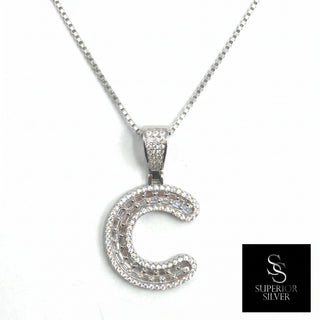 Superior Silver letter C pendant in 925 sterling silver with pave-set cubic zirconia stones on a silver chain
