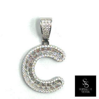Superior Silver letter C pendant in sterling silver with pave-set cubic zirconia stones on a white background.