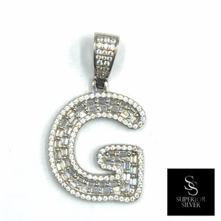 Superior Silver letter G pendant in 925 sterling silver featuring pave-set baguette and round cubic zirconia stones.