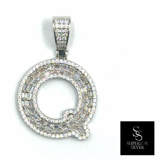 Superior Silver letter Q pendant in 925 sterling silver featuring pave-set cubic zirconia stones in a block design.