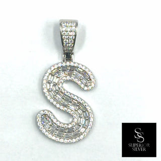 Superior Silver letter S pendant in 925 sterling silver featuring pave-set cubic zirconia stones.
