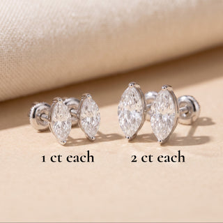 Superior Silver marquise moissanite stud earrings in 1 carat and 2 carat sizes with secure screw backs.