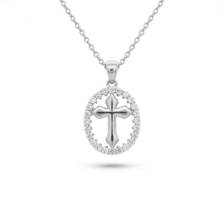 Superior Silver polished gothic cross pendant featuring a moissanite pavé oval halo in sterling silver