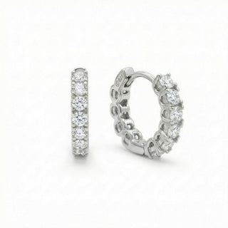 Superior Silver shared prong eternity hoop earrings in 925 sterling silver with sparkling VVS D color moissanite stones
