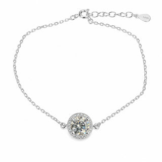 Superior Silver 0.5ct round cut moissanite halo bracelet on a 1mm sterling silver cable chain with extension link