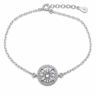 Superior Silver 1ct round cut moissanite halo cable bracelet in 925 sterling silver with an adjustable chain
