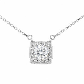 Superior Silver 1ct round cut moissanite halo pendant on a 1mm sterling silver cable chain necklace.
