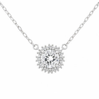 Superior Silver 1ct round cut moissanite halo pendant on a 1mm sterling silver cable chain necklace