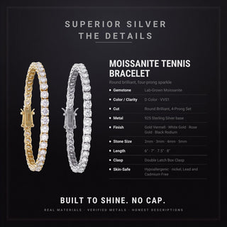 Superior Silver moissanite tennis bracelets in gold and silver finishes with four-prong settings on a dark background.