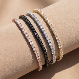 Superior Silver moissanite tennis bracelets in rose gold, black rhodium, white gold, and gold vermeil finishes.
