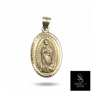 Superior Silver 10K yellow gold Mother Mary oval pendant with intricate diamond-cut detailing and high polish finish.