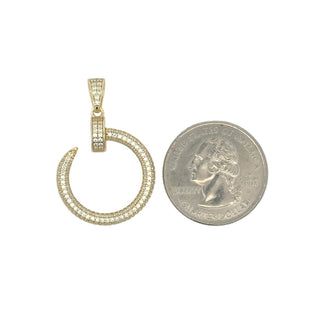 Close-up of the two rows of pavé moissanite around the Superior Silver open circle pendant in gold vermeil.