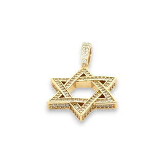 Close-up of the pavé moissanite rows on the Superior Silver Star of David pendant in yellow gold vermeil.