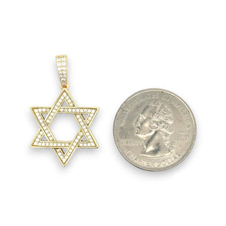 Superior Silver open Star of David moissanite pendant in yellow gold vermeil shown beside a US quarter for scale.