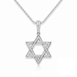 Superior Silver open Star of David moissanite pendant in sterling silver shown on a fine chain.