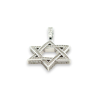 Superior Silver open Star of David moissanite pendant in sterling silver, front view.