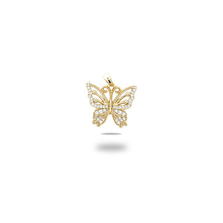 Superior Silver openwork butterfly moissanite pendant in yellow gold vermeil, front view of the scrolled wings.