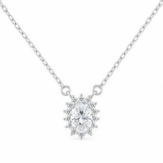 Superior Silver 1mm sterling silver cable chain necklace featuring an oval cut moissanite halo pendant.