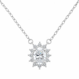 Superior Silver 1mm sterling silver cable chain necklace featuring a 1ct oval cut moissanite halo pendant.
