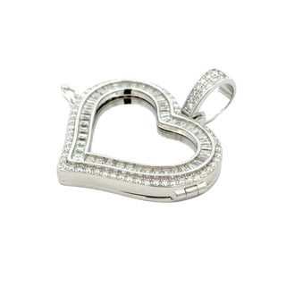 Superior Silver pavé-edged open heart moissanite pendant in sterling silver, front view.