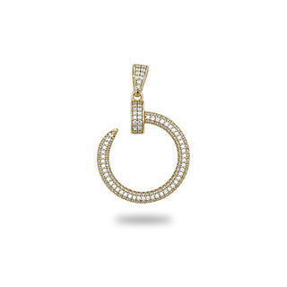 Superior Silver pavé open circle drop moissanite pendant in yellow gold vermeil, front view.