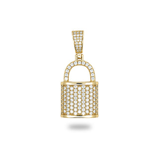 Superior Silver pavé padlock moissanite pendant in yellow gold vermeil, front view.
