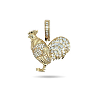 Superior Silver pavé rooster moissanite pendant in yellow gold vermeil, front view.