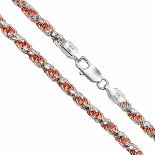 Superior Silver 5mm rope chain in 14kt rose gold plated 925 sterling silver with a lobster clasp closure.