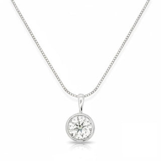 Superior Silver round-cut bezel-set moissanite pendant in sterling silver shown on a fine chain.