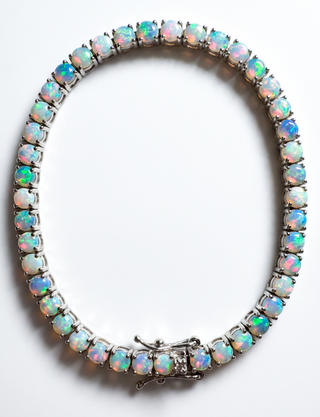 Superior Silver round cut Ethiopian opal tennis bracelet in 925 sterling silver, close view of the opal fire.