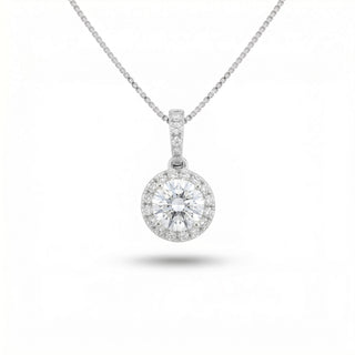 Superior Silver round moissanite halo pendant in sterling silver with a hidden halo setting on a delicate chain.