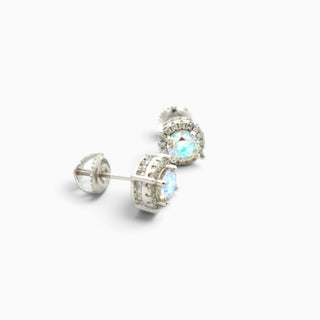 Superior Silver 7mm round moissanite halo stud earrings in rhodium-plated sterling silver with secure screw backs.