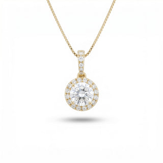 Superior Silver round moissanite pendant with a halo and hidden halo setting in gold vermeil over sterling silver.