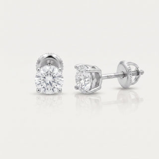 Superior Silver 6mm round moissanite solitaire stud earrings in rhodium-plated sterling silver with screw-on backs.