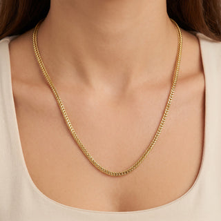 Superior Silver 20-inch rounded Franco chain necklace in 14kt yellow gold over 925 sterling silver worn on a model.
