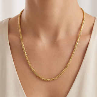 Superior Silver 20-inch rounded Franco chain necklace in 14kt yellow gold over 925 sterling silver on a model