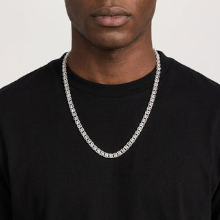 Superior Silver sterling silver love chain necklace with interlocking links worn on a model in a black t-shirt
