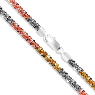 Superior Silver 1.8mm tri-color criss cross chain necklace in gold, rose gold, and silver plated 925 sterling silver.