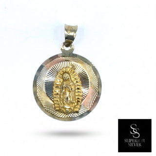 Superior Silver 14K tri-color gold Mother Mary medallion pendant with diamond-cut detailing and a prayerful figure.