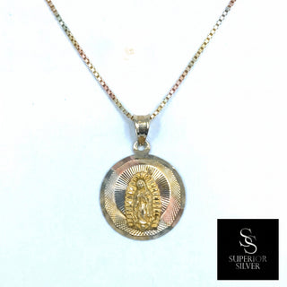 Superior Silver 14K tri-color gold Mother Mary medallion pendant with diamond-cut detailing on a gold chain