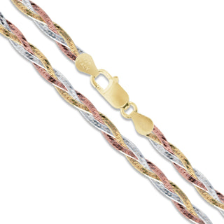 Superior Silver 5mm 3-braid herringbone chain necklace in tri-color sterling silver with a gold lobster clasp.