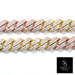 Superior Silver tri-color 14kt gold over sterling silver Miami Cuban link chain iced with sparkling cubic zirconia