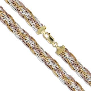 Superior Silver 9mm 6-braid herringbone chain necklace featuring tri-tone sterling silver, gold, and rose gold links.