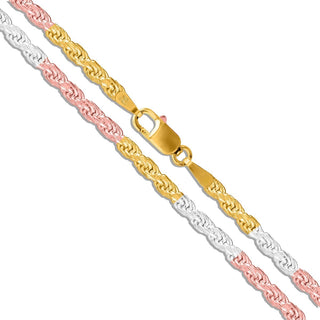 Superior Silver 1.8mm tri-color rope chain necklace crafted from 925 sterling silver with gold and rose gold plating.
