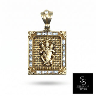 Superior Silver 10K yellow gold rectangular pendant featuring a triple sword emblem and sparkling CZ stone border.